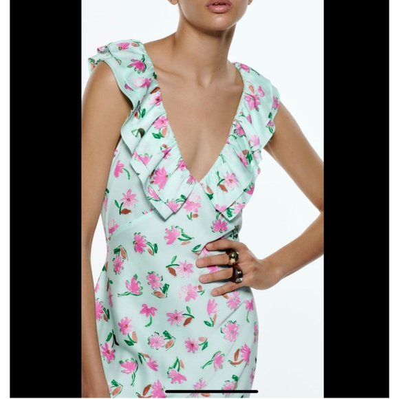 ZARA GREEN FLORAL PRINT SATIN MIDI DRESS WITH RUFFLE TRIMS SIZE S, NWT SS22 - Picture 8 of 10